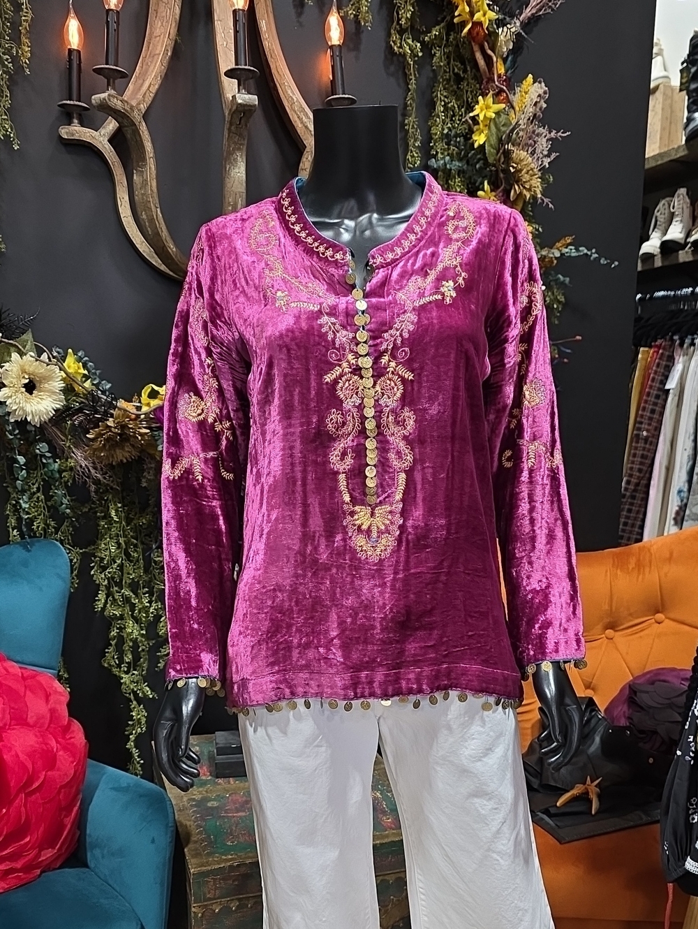Soft Surroundings Magenta Velvet Tunic with  Embroidery